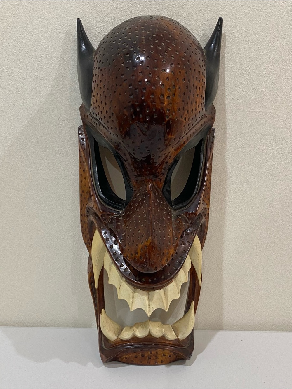 Vintage Hand Carved Wood Mask Horns Teeth Devil Demon Wall Art 20" Halloween